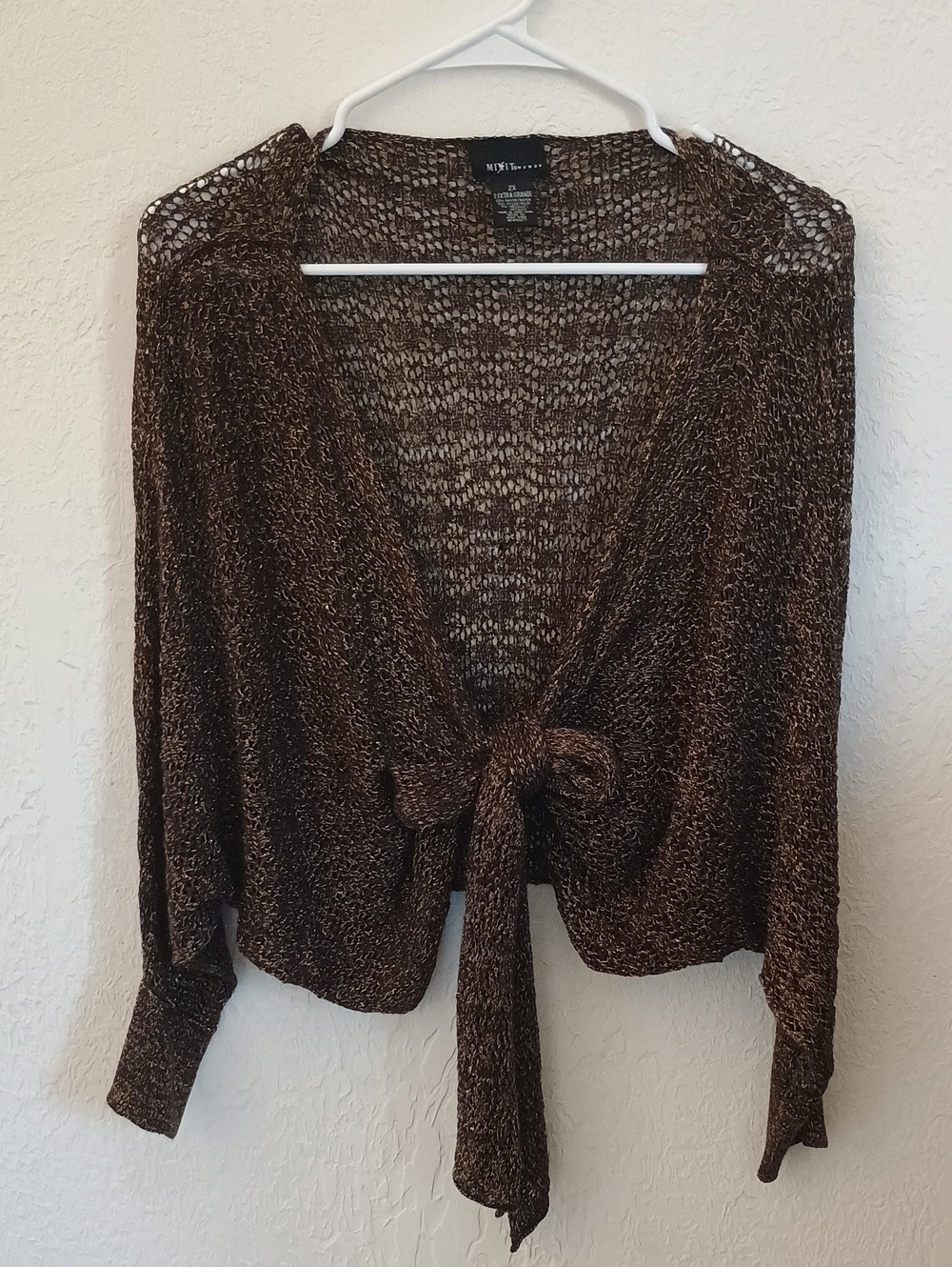 Mix It Brown Open-Knit Tie-Front V-Neck Sweater